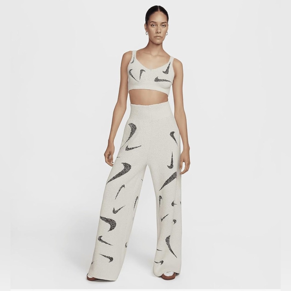Nike Cream Wide-Leg Knit Pants with Black Swoosh Motif